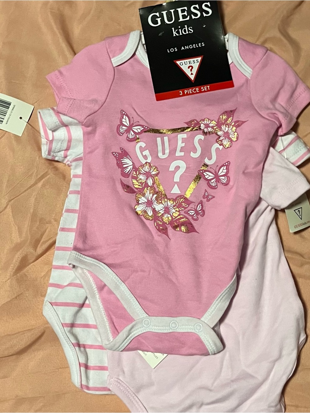 GUESS Kids Pink Floral Logo Bodysuit Set - Pink & Light Pink